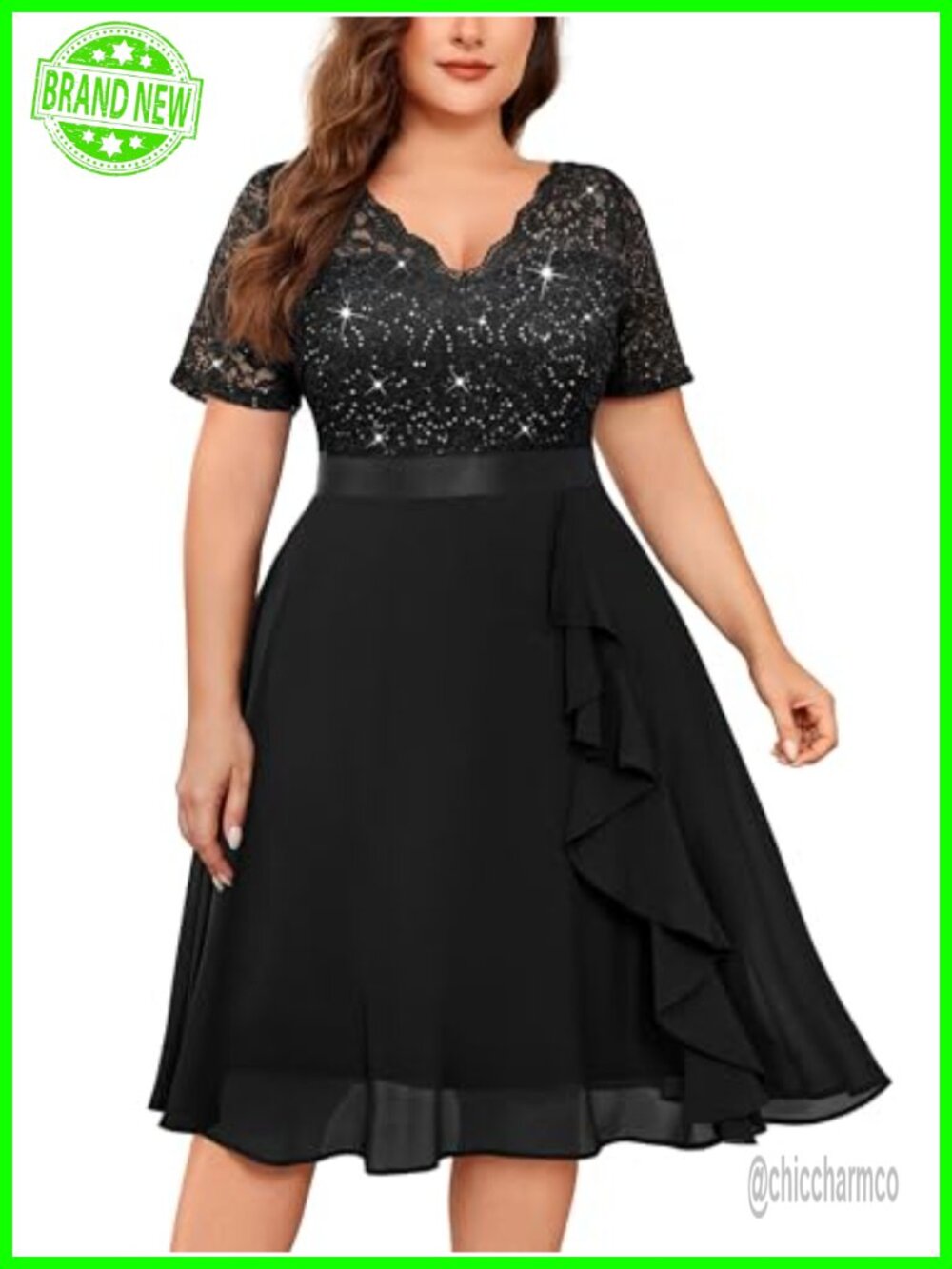 Plus Size Sequin Lace Ruffle Cocktail Party Dress, High Waist